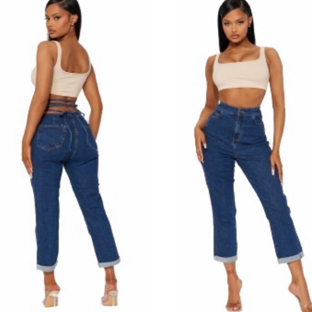 Fashion Nova Jeans Tie ‘Em Up High Rise Medium Blue Wash Boyfriend Size 0 NWT